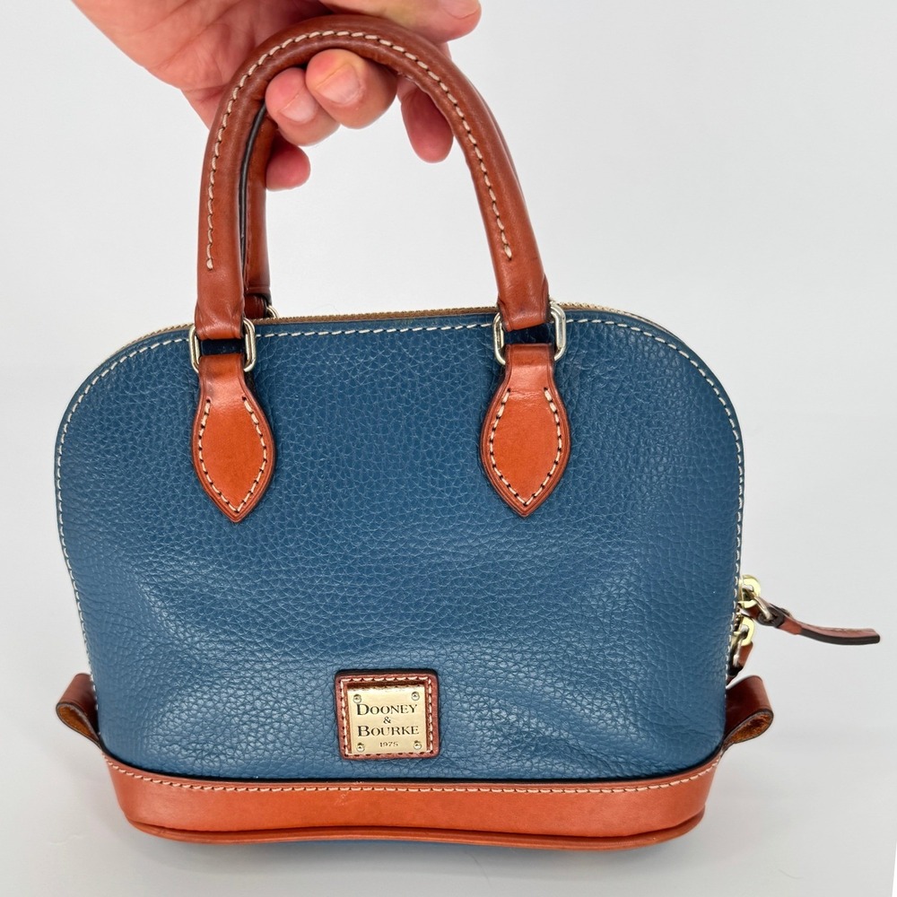 Dooney & Bourke Leather Pebble Grain Bitsy Satchel Bag Midnight Blue Tan Preppy